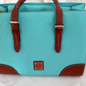 Dooney & Bourke Turquoise Pebbled Leather Tote with Brown Trim and Handles